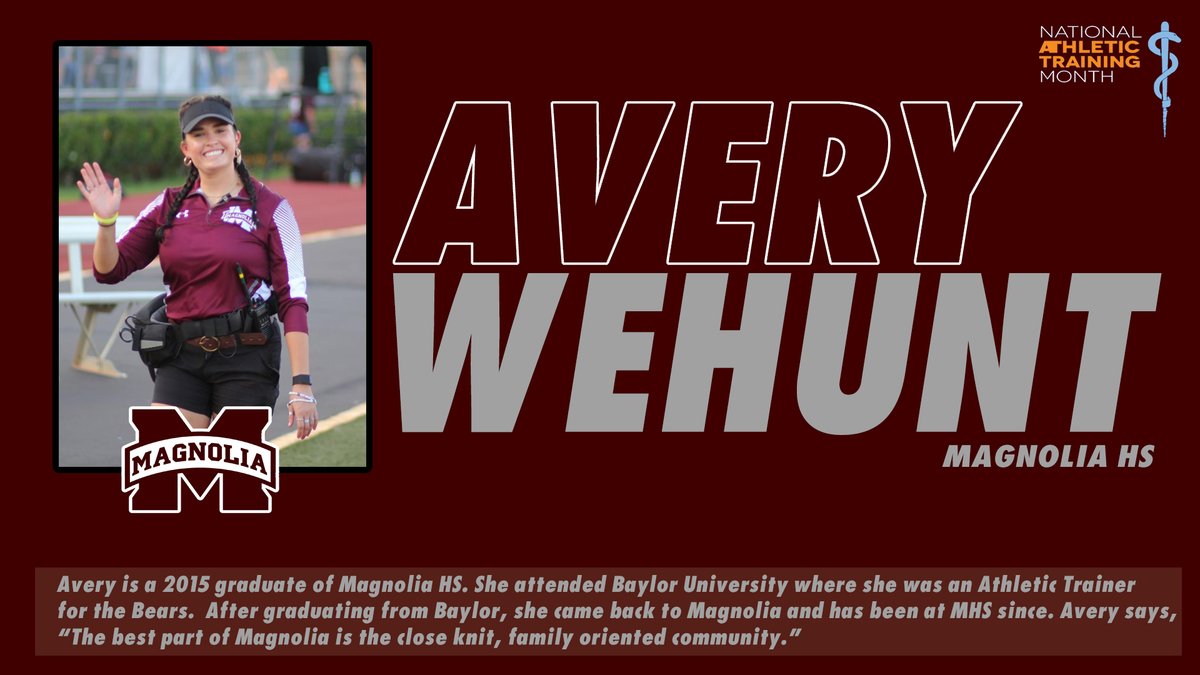MagnoliaISD's tweet photo. MHS Athletic Trainer Avery WeHunt, a 2015 MHS graduate, is our Athletic Trainer spotlight today! @MagISDAthletics https://t.co/TuDHHqBEDG