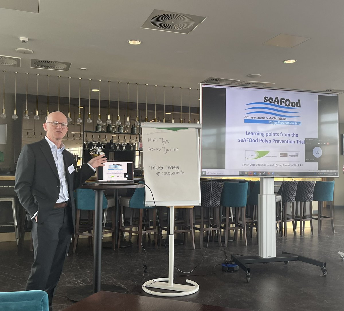 coloprevent's tweet photo. Fantastic talk from @mark_tbh about the experiences of the SeAFOod Trial and what @coloprevent can learn at the #ColoLaunch https://t.co/X9i2Cazh45