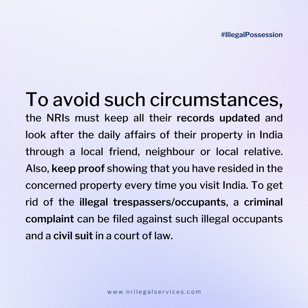 NRILegal's tweet photo. What steps can #NRIs take to safeguard their property so as to avoid #illegalpossession. Get complete information here. ๐ https://t.co/9BWm1U8z4i
#Kabja #LandDisputes #IllegalOccupants #IllegalOwnership #CivilSuit #India #LegalAdvice #LegalServices #NRILegalServices #LawFirm https://t.co/X8ncmJlBxE