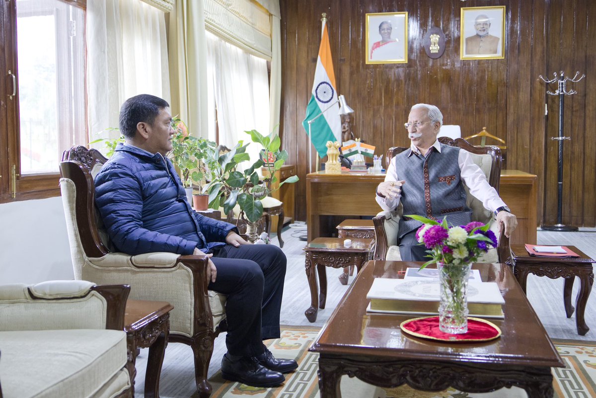 PemaKhanduBJP's tweet photo. Called on Hon'ble Governor Lt General Shri KT Parnaik ji, PVSM, UYSM, YSM (Retd) at Raj Bhavan. Briefed him about G20 meeting at Itanagar and on implementation of development policies and programmes of the government in the State. https://t.co/NkjlGfDvRV