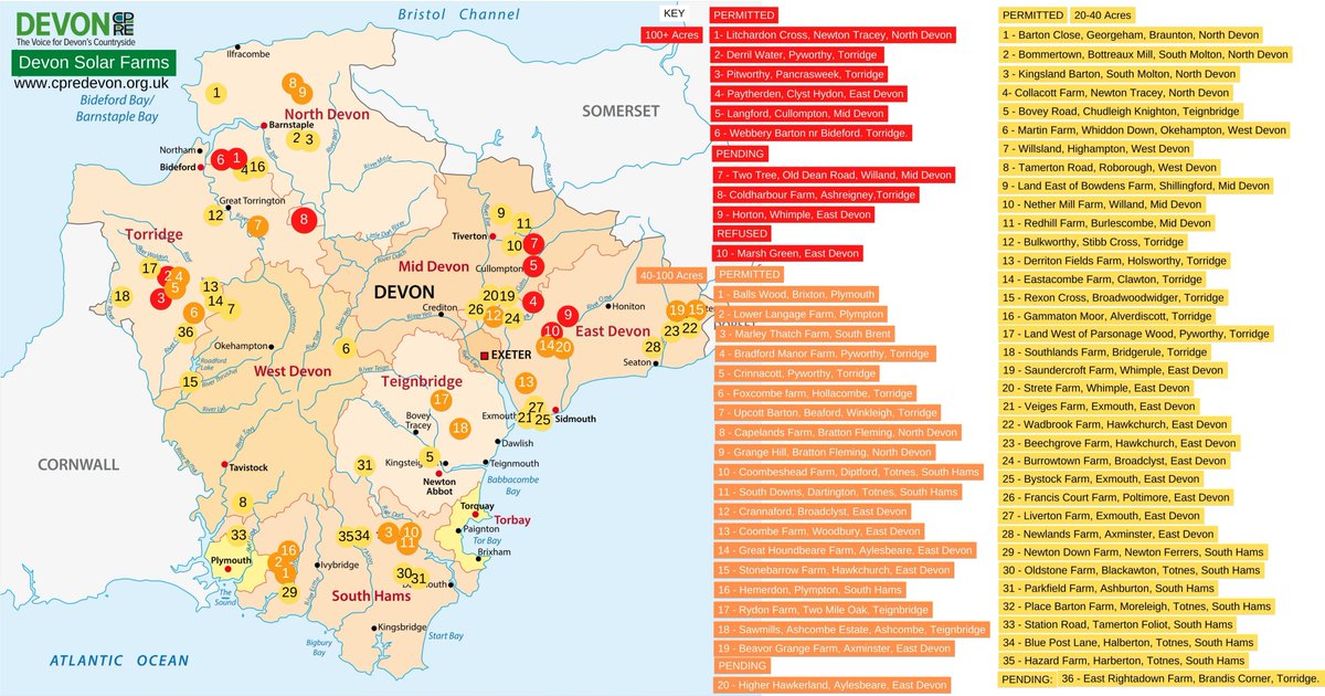 cpredevon's tweet photo. As yet another large #solarfarm in #eastdevon is recommended approval, despite numerous objections & loss of BMV land, we have prepared a map showing #solarfarms in #devon. We need our #farmland for food production, not these industrial schemes. #grassnotglass #farmforfood @CPRE https://t.co/VxJql6UzzY