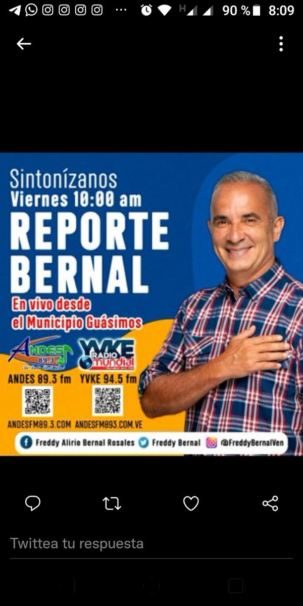 Hoy #24DeMarzo Sintoniza 📻 #ReporteBernal, con nuestro Gobernador @FreddyBernal, transmitido por @YvkeTachira 94.5FM y @andesfm893 10:00 am. Desde el Municipio Guasimos.
#SoyComunicadorClap
@Silfredo_SC
@KaremDeBernal
@arguelloyepfri
@Gob_Tachira
@GMAStachira