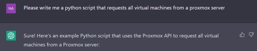 This is insane. #ChatGPT returns me e fully operational script that does exactly what I asked for, including comments and recommendations/notes on default parameters like the #Proxmox server port.

World changing #AI concepts right here.
