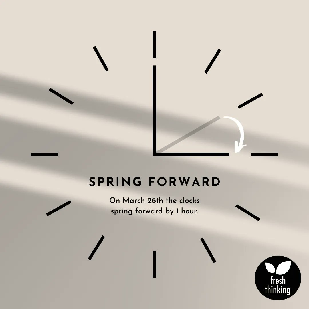 Don't forget to change the clocks this weekend.  
.
.
.
#daylightsaving #clockspringforward #countryfare #foodservice #freshthinking