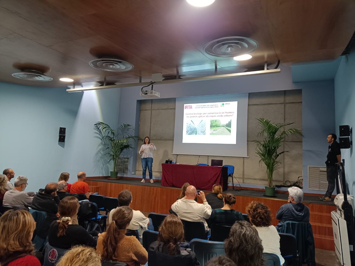 apevcat's tweet photo. Georgina Alins, investigadora de l'@irtacat ens parla avui sobre el control biològic per conservació en fruiters: ho podem aplicar als #espaisverds urbans? #GIP #controlplagues #jornadaPATT https://t.co/tkJvPHe0zR