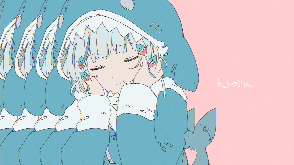 gawr gura 1girl hood closed eyes solo shark hood tail hands on own face  illustration images