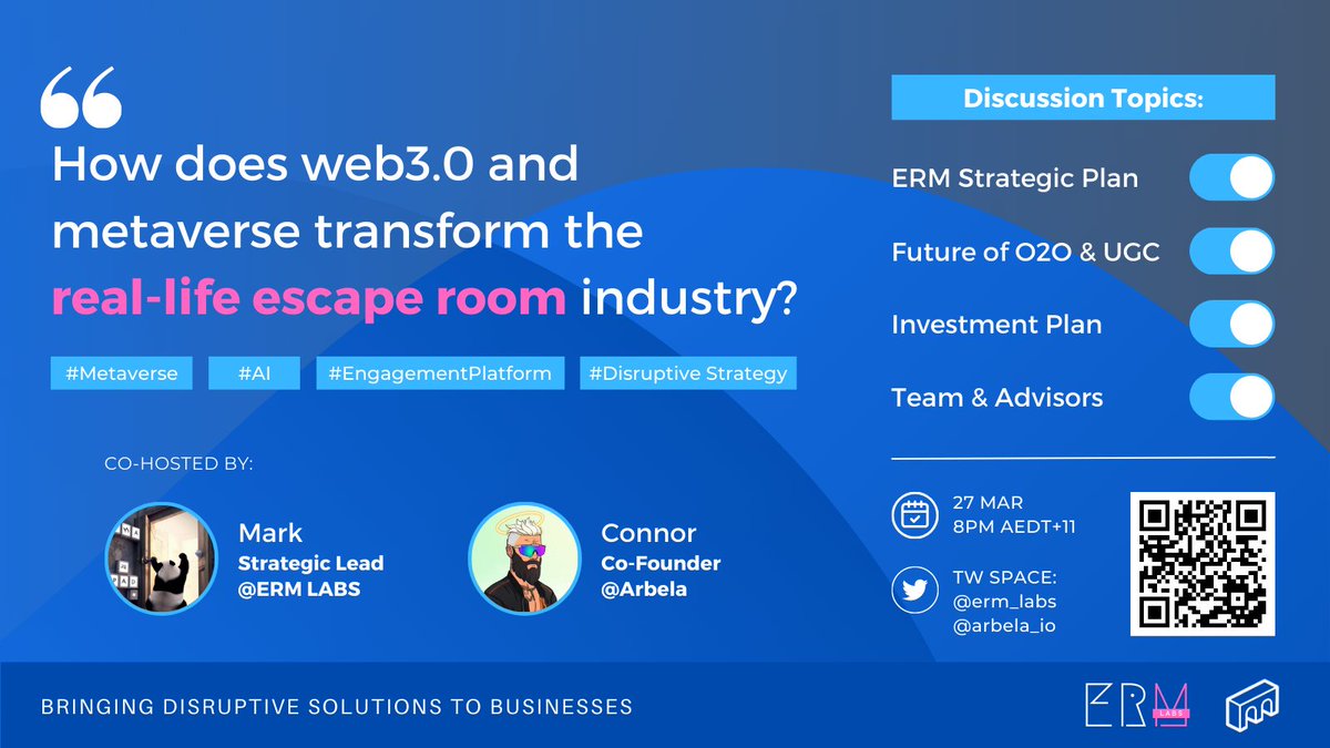 Showcasing on a collaborative investment platform @arbela_io, demonstrate how our disruptive strategies can revolutionise the real-life escape room market! 
Open discussion with <a href="/markli_eth/">Mark</a> <a href="/0xConrad/">0xConrad.eth</a> 

🔔27 Mar 8pm AEDT+11
🔗bit.ly/3THYZgl