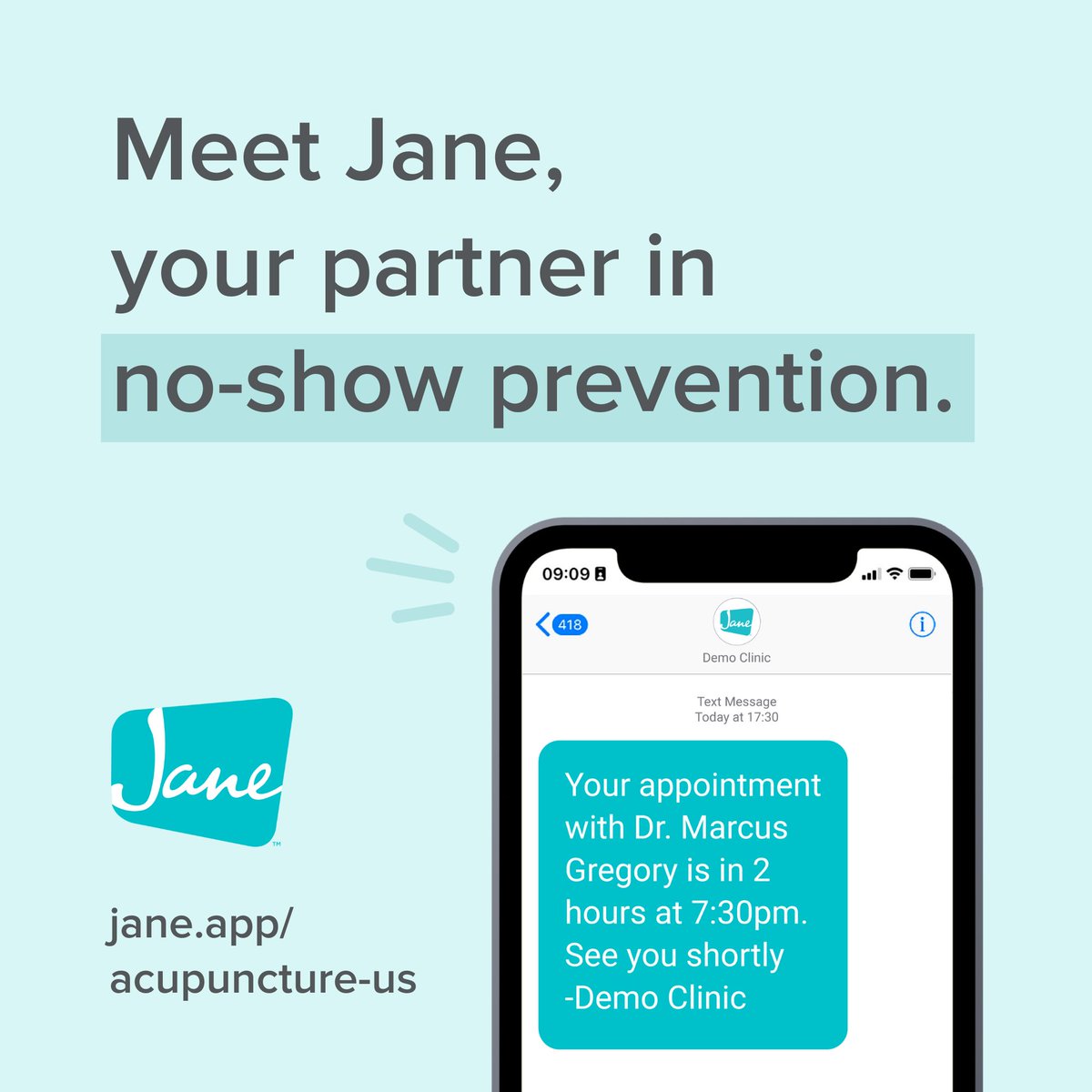 Less no-shows + more clients helped = you, with Jane! 🙌
Jane is a practice management software that offers online booking, scheduling, charting, integrated payment processing, and features that can help you reduce and manage no-shows. 
Learn more at jane.app/acupuncture-us.
