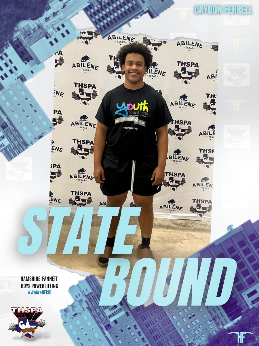 HFISD_Longhorns's tweet photo. Please join us in wishing Caydon Ferrell the best of luck at the THSPA (Texas High School Powerlifting Association) State Meet today in Abilene!
#WeAreHFISD #HornsUp #409Sports @saphirec98  @J_Ric25 https://t.co/21XgFxmkQS