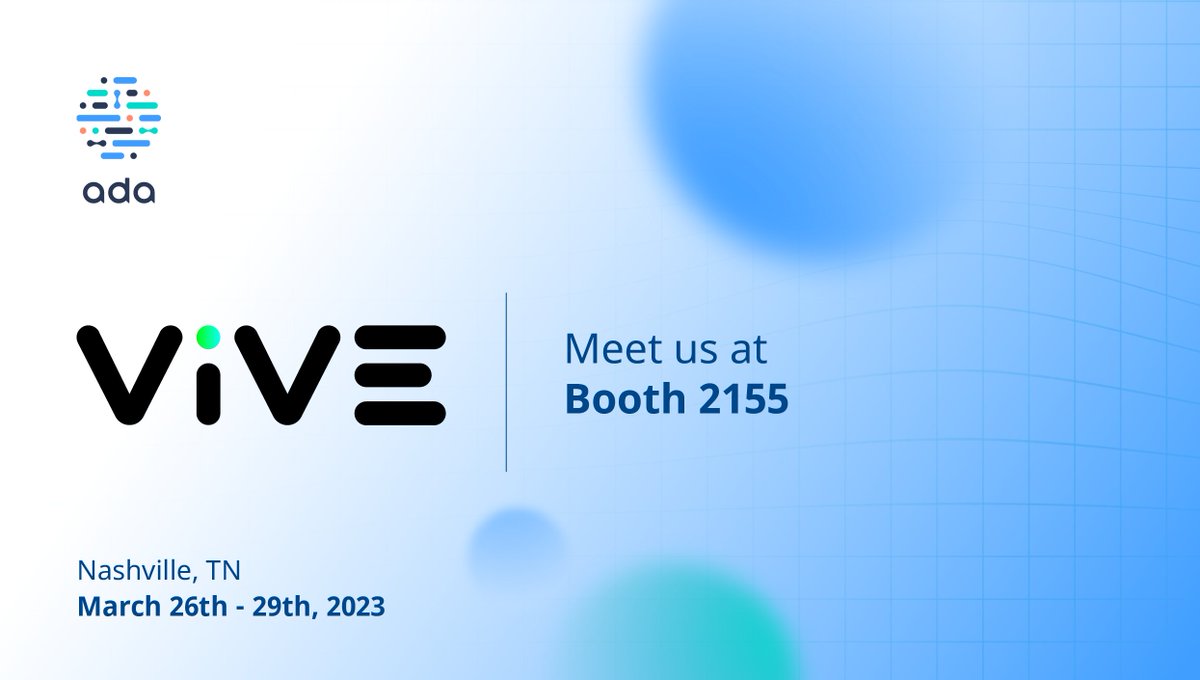 Ada is headed to Nashville! Meet us at #ViVE2023 to discuss why we believe better healthcare begins with accurate advice. 💫 Stop by our booth to discuss how we can empower thousands of your patients to access appropriate services and settings across your network. See you there!