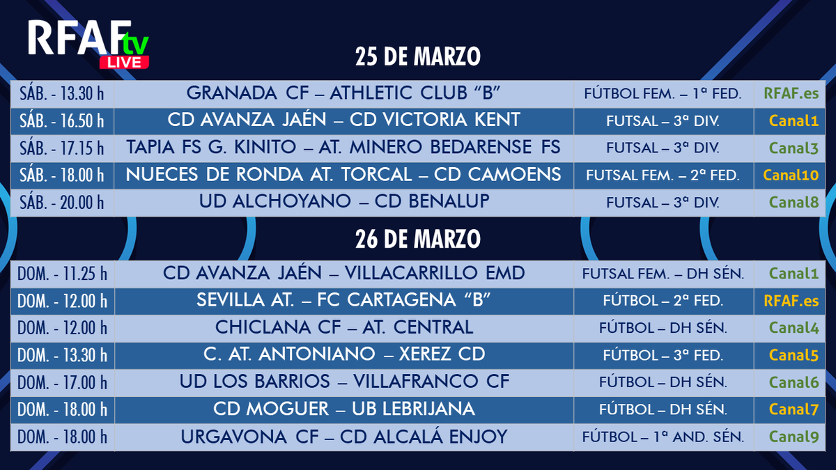 RFAF's tweet photo. 📢Nuevo fin de semana y nueva programación de @RFAF_tv con 1⃣2⃣ partidazos:
✅ #PrimeraFederaciónIberdrola
✅ #SegundaFSF
✅ #TerceraFederación
✅ #TerceraFS
✅ #DHS #fútbol y #futsalfem
✅ #PrimeraAndaluzaSénior
📺 Todo en directo en la app #RFAFtv y en https://t.co/UOHA6Kojeo https://t.co/OZ7r4CpeHm