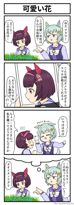 セイウンスカイが可愛いお花を見つける四コマ漫画です。
#ウマ娘 