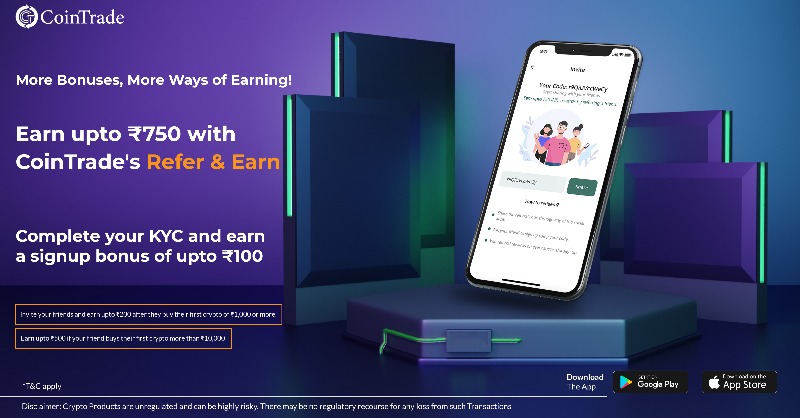 CoinTradeindia's tweet photo. More Bonuses, More Ways of Earning! 
Complete your KYC and earn a signup bonus of upto Rs. 100
Invite your friends and earn upto Rs. 200 after they buy their first crypto of Rs. 1,000 or more. 
Earn upto 500 if your friend buys their first crypto more than Rs. 10,000
*T&amp;C apply