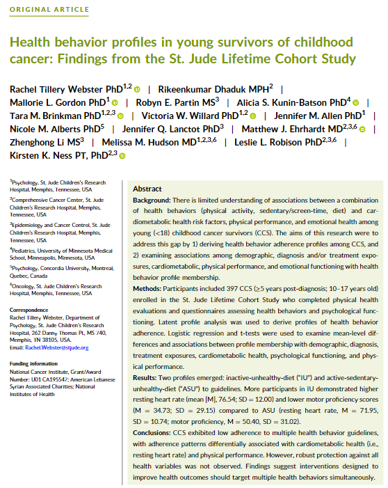 JournalCancer's tweet photo. This new @stjuderesearch study led by @DrTillery documents patterns of lifestyle behaviors among survivors of #ChildhoodCancer, factors that increase susceptibility to nonadherence, and associations among lifestyle behaviors and health indicators.

🔗 https://t.co/DPJGWUcnwp https://t.co/dh7KqzZO75