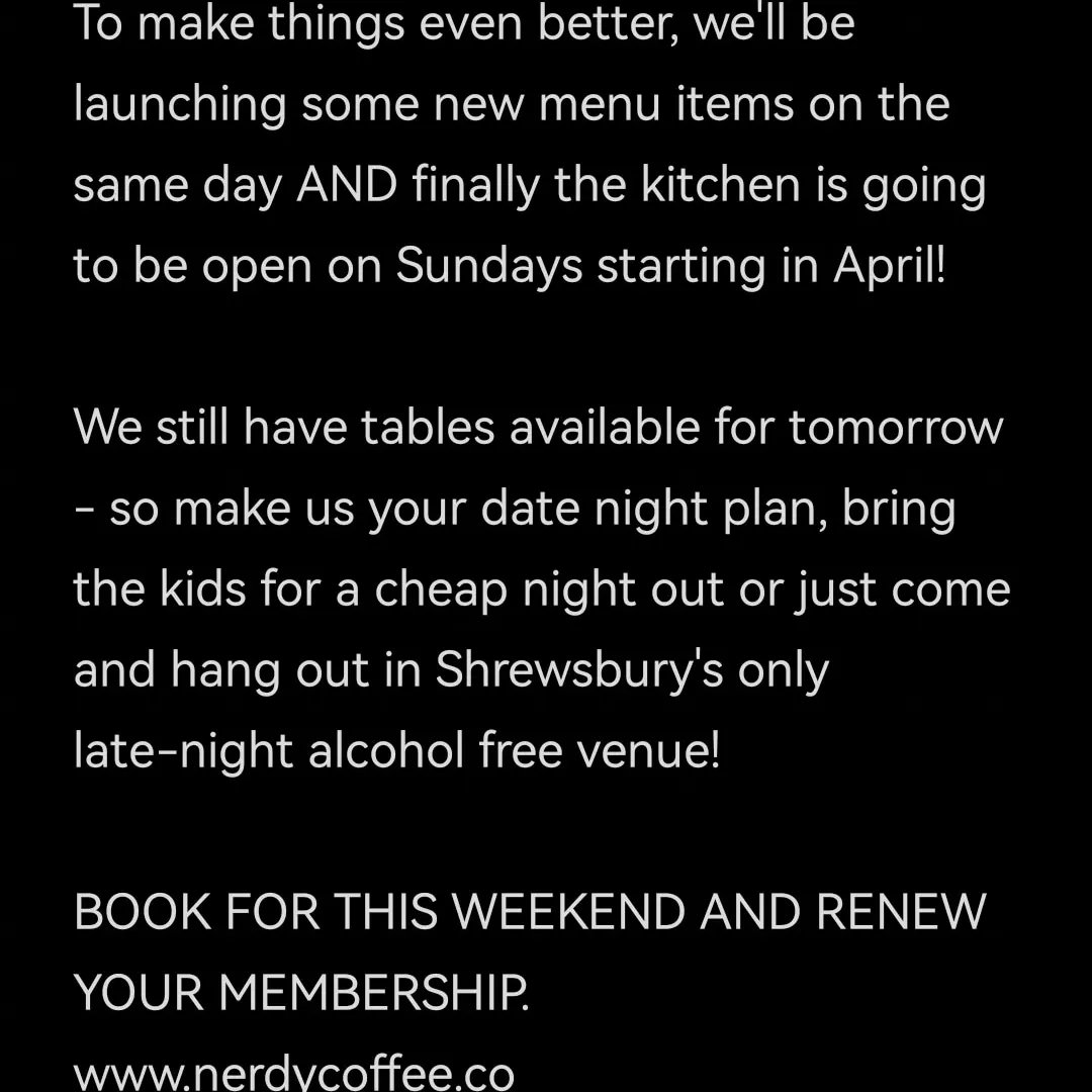 From the 1st of April a few changes will be coming to Nerdy regarding prices, new menu items, and kitchen opening!
Swipe for some more info 😊💚

#shrewsbury #Shropshire #gaming #gamecafe #tabletop