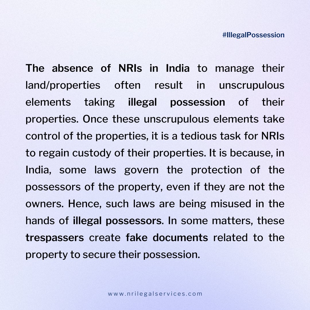 NRILegal's tweet photo. What steps can #NRIs take to safeguard their property so as to avoid #illegalpossession. Get complete information here. ๐ https://t.co/9BWm1U8z4i
#Kabja #LandDisputes #IllegalOccupants #IllegalOwnership #CivilSuit #India #LegalAdvice #LegalServices #NRILegalServices #LawFirm https://t.co/X8ncmJlBxE