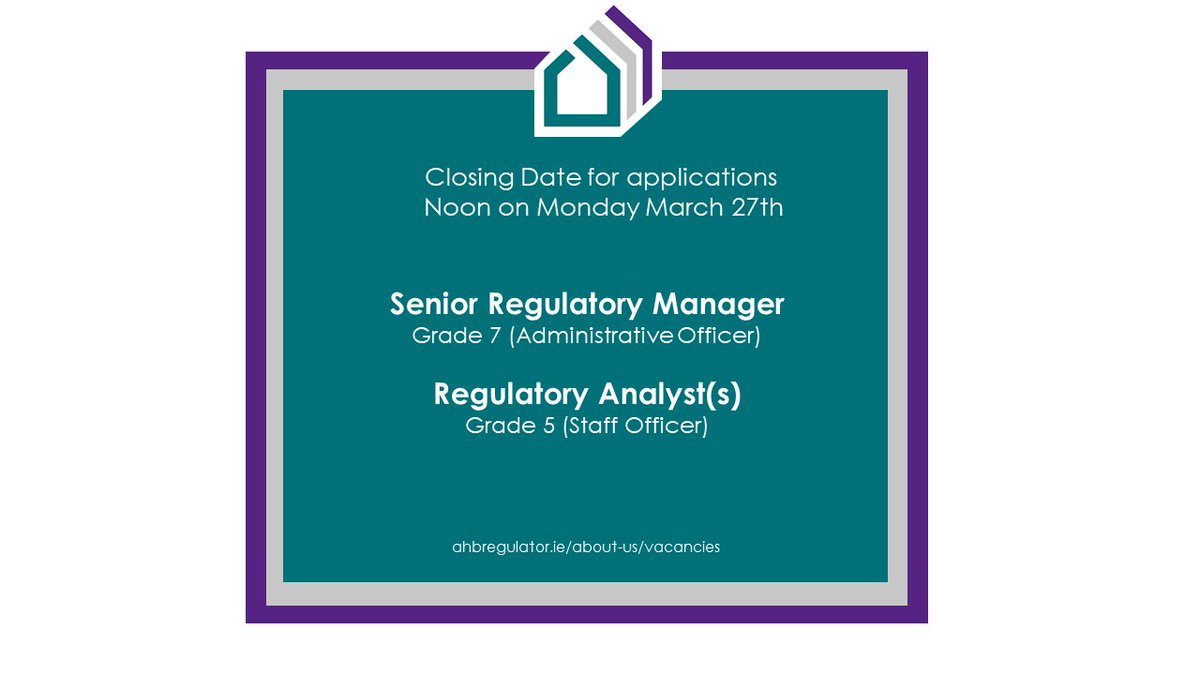Closing date for applications for both of these roles is fast approaching, check out our website for more details.

ahbregulator.ie/about-us/vacan…