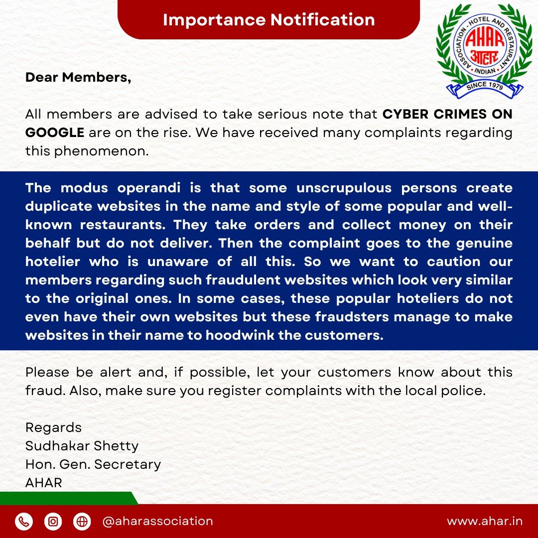 AharAssociation's tweet photo. Dear Members, 

All members are advised to take serious note that *CYBER CRIMES ON GOOGLE* is on the rise. We have received many complaints regarding this phenomenon. 

Regards

Sudhakar Shetty 
Hon. Gen. Secretary 
AHAR

For more details contact us https://t.co/UqL38WokmE https://t.co/dR5aqw5Eon