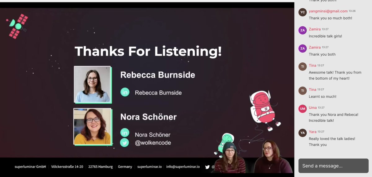 femtechconf's tweet photo. A lot of love for Rebecca and Nora @wolkencode's  (from @superluminario) talk at #FemTechConf

You can reach out to them both directly for any Q&amp;A! 
Thank you for such an amazing talk!

Join live: https://t.co/lCqMSIVHwG https://t.co/NAxTNvxJ1L