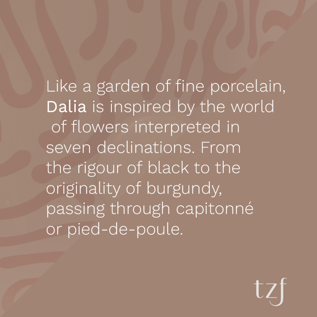 terzofoco's tweet photo. Like a garden of fine porcelain, Dalia is inspired by the world of flowers interpreted in seven declinations. From the rigour of black to the originality of burgundy, passing through capitonné or pied-de-poule. https://t.co/6DAv2BU9Ev