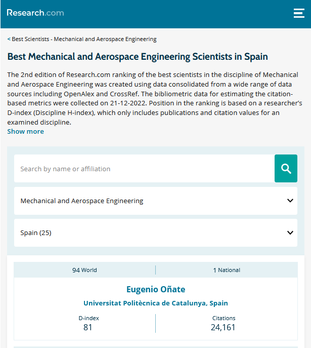 cimne's tweet photo. Proud to announce that Professor @OnateEugenio, former director of @cimne and current leader of the #StructuralMechanics group, is listed as the Best Mechanical and Aerospace Engineering Scientist in #Spain, according the ranking done by @guide2research
👇Open thread https://t.co/1rX6frAZx1