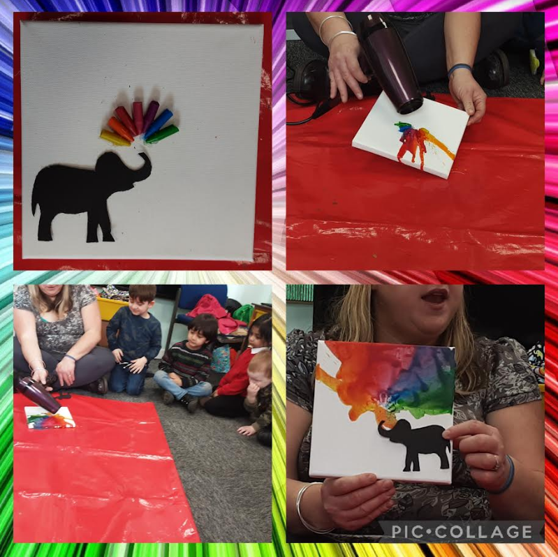 HealeySchool's tweet photo. Nursery World Book Day inspired learning, based on children's curiosity. Looking at changes around us - bulbs to daffodils, buds to blossom trees, potatoes to chips AND solid crayons to melted wax 🖍️Just look at this artwork! 😍💕🎨🖌️#EYFS #Curiosityledlearning #art #WorldBookDay https://t.co/CxUYocJmH5