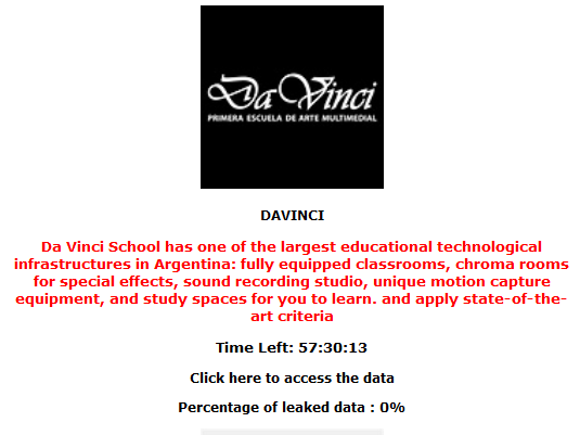 FalconFeedsio's tweet photo. Stormous #ransomware has added Da Vinci School based in #Argentina to their victim list.
#datbreach #DarkWeb #DeepWeb https://t.co/ToTuKRrp40