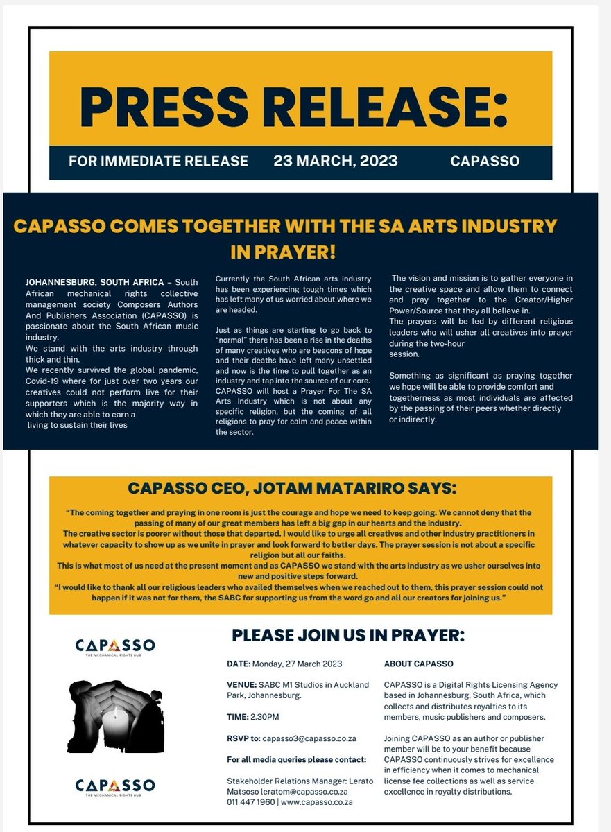Samic_SA's tweet photo. This coming monday come and join the music industry in this special prayer brought to you by @CapassoHub https://t.co/5W1dHYaRYO