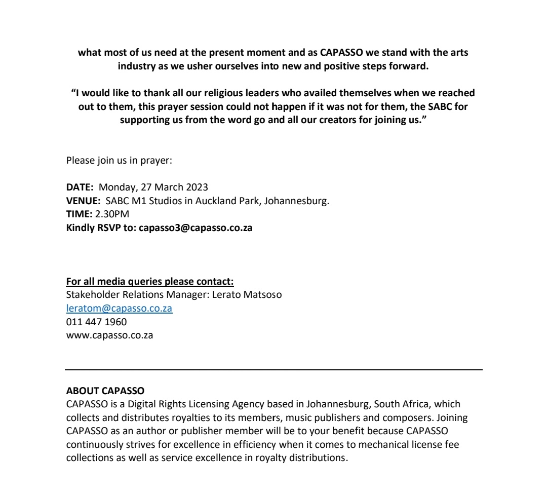 This coming monday come and join the music industry in this special prayer brought to you by <a href="/CapassoHub/">CAPASSO</a>