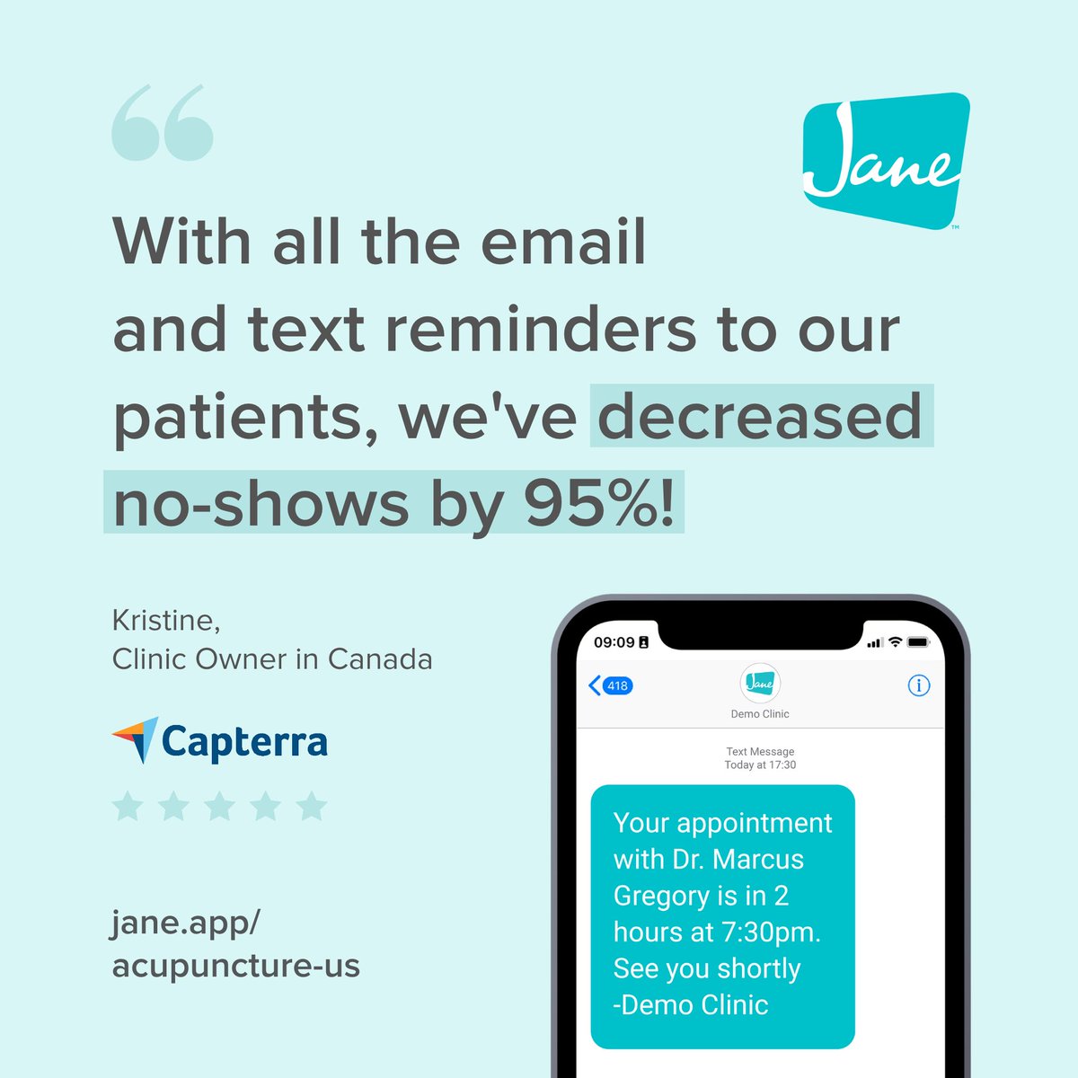 A 95% reduction in no-shows? Say less. 🤩

Jane is a practice management software that allows you to send unlimited SMS and Email Reminders. Visit jane.app/acupuncture-us to book a demo and see how Jane can help run your practice.

capterra.ca/software/17898…