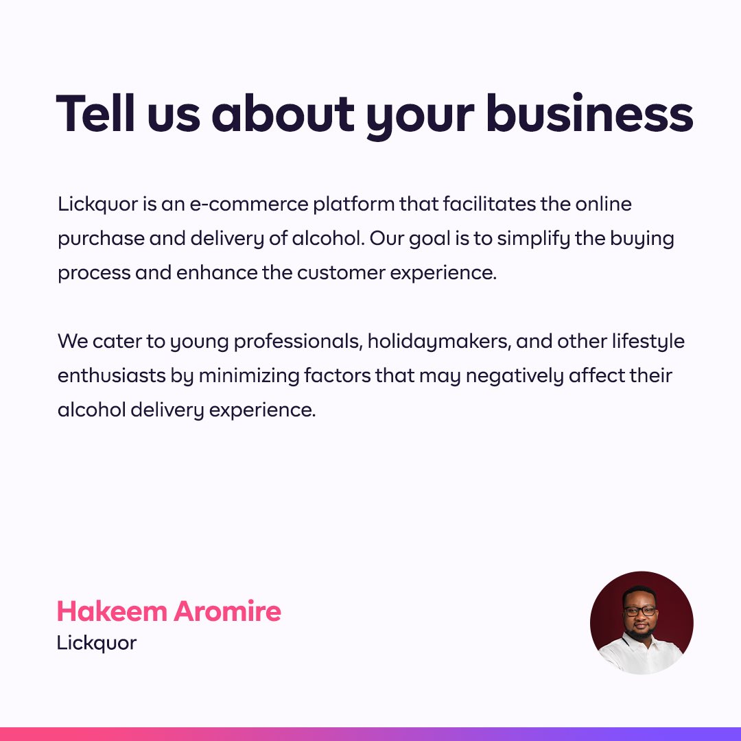 Congratulations to Hakeem Armoire, founder of <a href="/lickquor_ng/">“Li - Cuh”</a>, our 6th Member of the Week!

Hakeem's innovative e-commerce platform is changing the game for alcohol delivery with a seamless purchasing process!

Thank you for your dedication to excellence🎉

#TogetherWeProspa💜