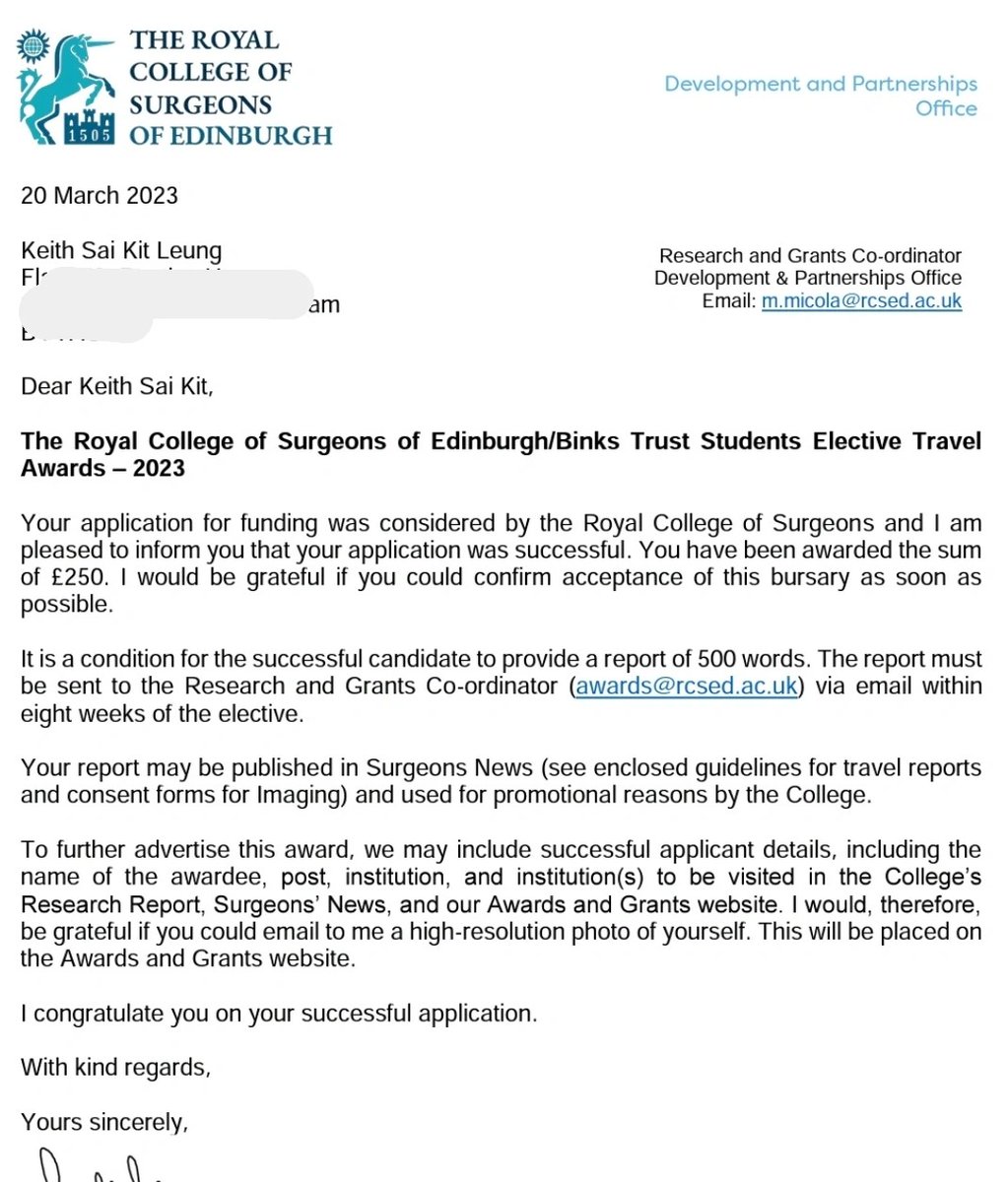 Thank you @RCSEd for awarding me the RCSEd/Binks Trust Elective Travel Bursary, for my PHRM and trauma elective at @MedSTAR_SA @RoyalAdelHosp! Can't wait to meet my supervisors @AWalterPerry @dyellis99 in Australia soon!