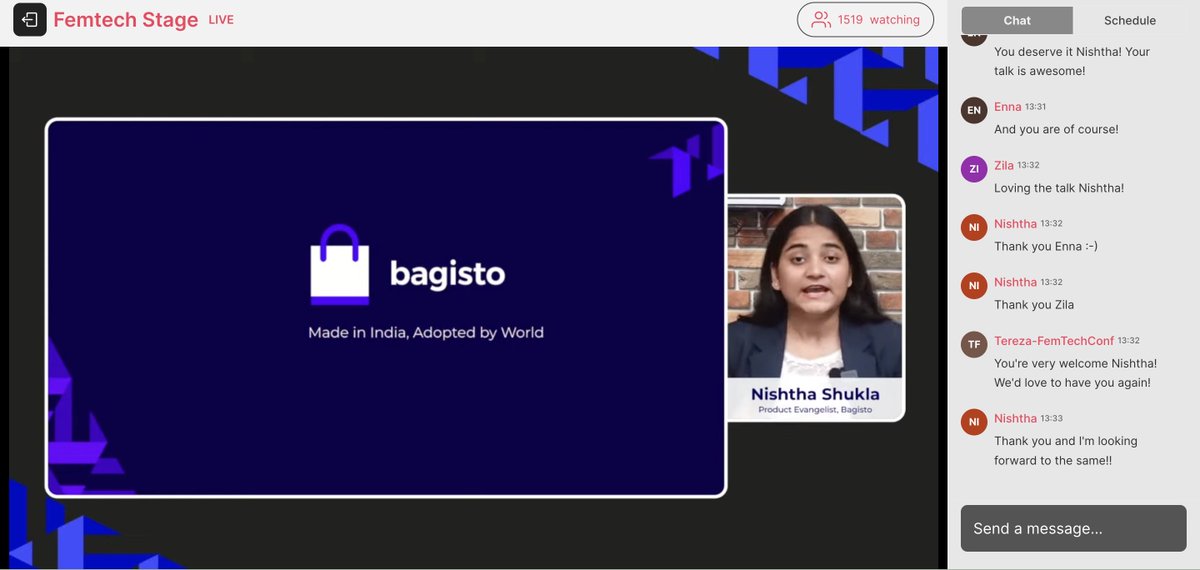 femtechconf's tweet photo. Thank you again to Nishtha from @BagistoShop for her amazing talk at #FemTechConf

Bagisto: Made in India,  Adopted by World!

Join live: https://t.co/OHWFyUqhRw

#Womenintech https://t.co/0EvNsVdzhy