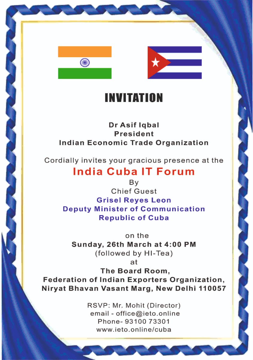 MINCOMCuba's tweet photo. #Cuba participará en la Feria Internacional INDIASOFT,  del 27 al 29 de marzo, con una delegación presidida por la viceministra de @MINCOMCuba, @GReyesCuba  y representantes de @Camara_Comercio, Universidades, empresas estatales y Mipyme
#MejorEsPosible
👉https://t.co/YYK11P6YJI https://t.co/R13xspK4WX