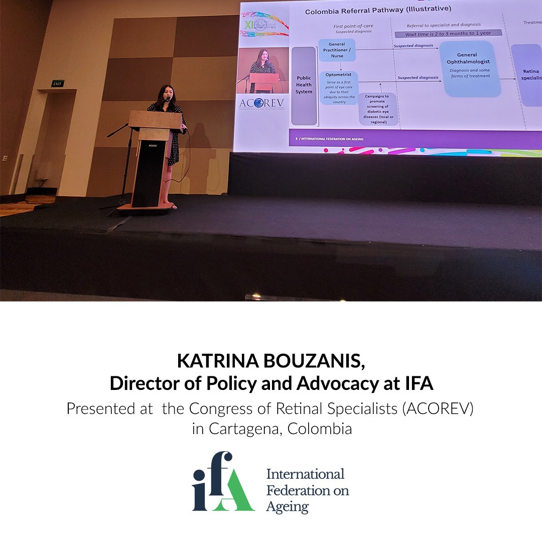 IFAgeing's tweet photo. IFA’s Katrina Bouzanis & @janebarrattIFA presented at the Colombian Congress of Retinal Specialists @ACOREVcolombia
In addition to presenting on the #DRBarometer Program, IFA met with Colombian thought leaders to improve vision care and identify policy and practice solutions. https://t.co/kQSKZd8Hza