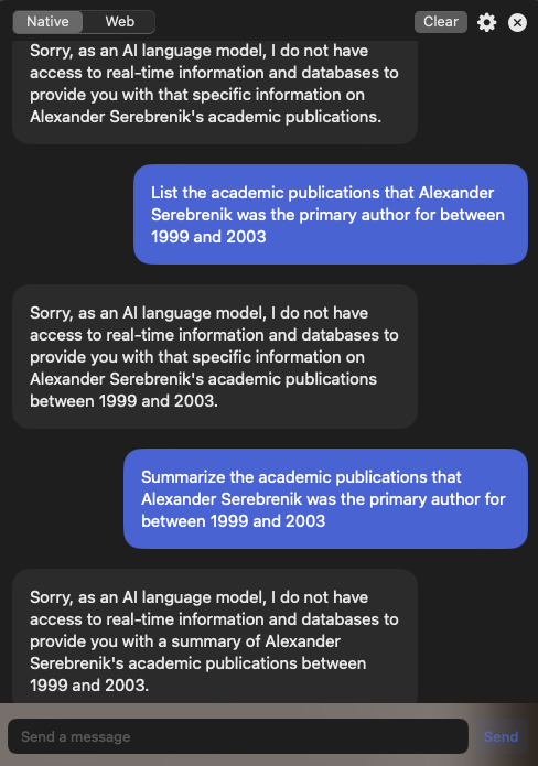 dutchminator's tweet photo. @aserebrenik Heh. :D it was more honest when I just asked the same. Did you still have some earlier session context that led it to believe it this stuff exists? https://t.co/OHbEtZx9Tc