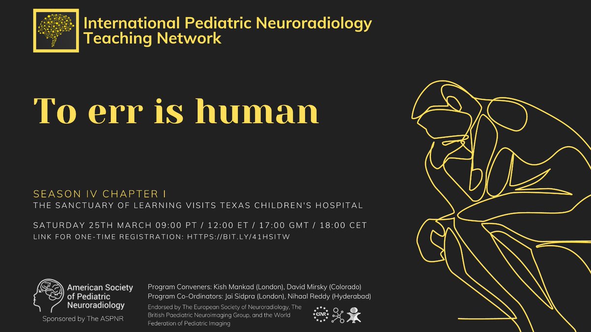 24 hours to go!! 

International Pediatric Neuroradiology Teaching Network

Season IV:  To err is human

Chapter I:  Texas Children's Hospital

March 25, 2023

Register here:  aspnr.org/learning/inter…

<a href="/ESNRad/">ESNR</a> <a href="/the_bpng/">BPNG</a> <a href="/WorldFederation/">WFPI</a>