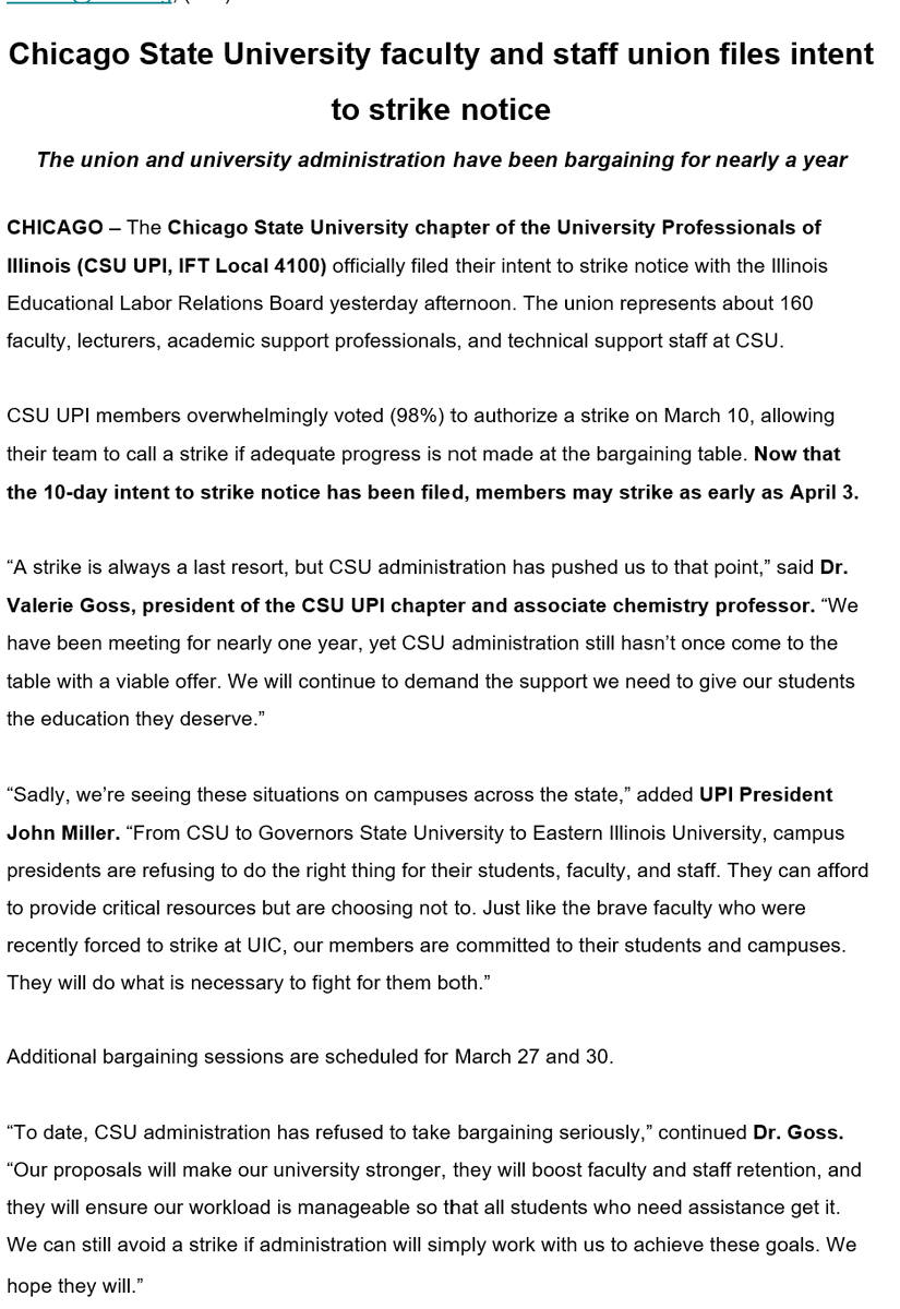 BREAKING: Chicago State University faculty and staff union files intent to strike notice. “A strike is always a last resort, but CSU administration has pushed us to that point,” said Dr. Valerie Goss, president of CSU UPI and associate chemistry professor. Full statement ⬇️