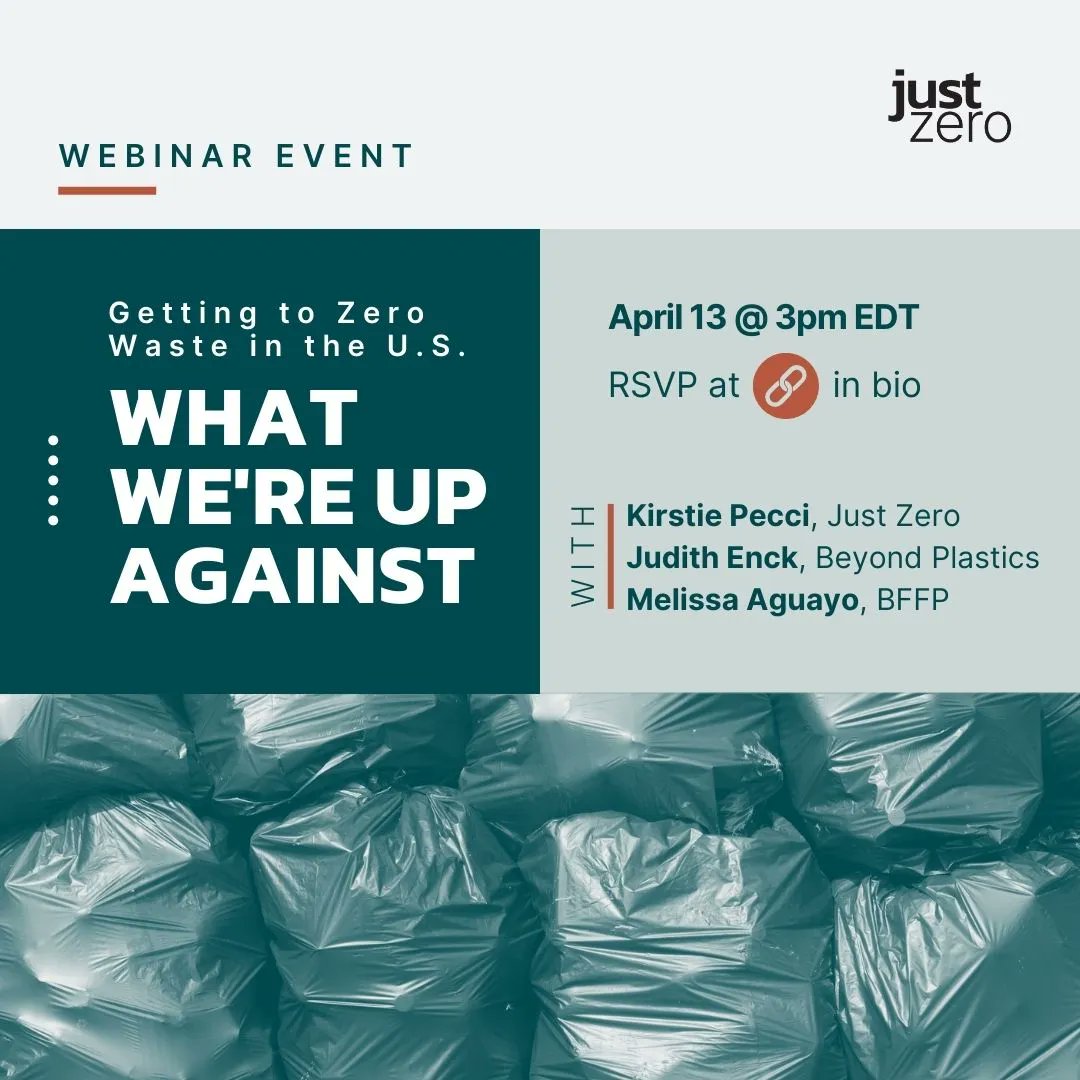 JustZeroOrg's tweet photo. Join us on Thursday, April 13 at 3pm EDT for the first episode of our webinar sereis: Getting to Zero Waste in the U.S. In this episode, @KirstiePecci @enckj and Melissa Aguayo will discuss the obstacles we’re facing in the #ZeroWaste movement.
RSVP: https://t.co/KJLj0CjZrp https://t.co/0ErvqCGhQW