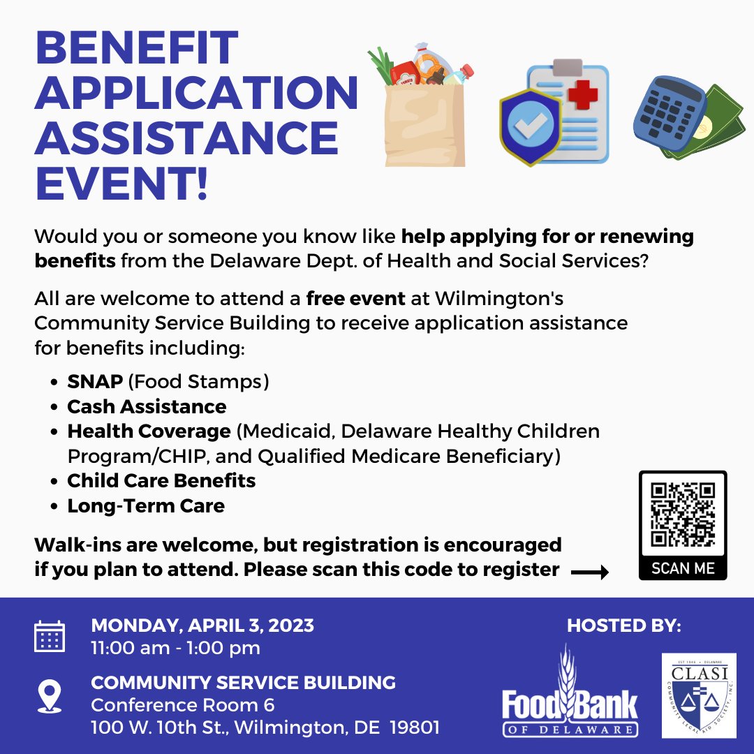 DECLASI's tweet photo. On Monday, April 3, CLASI &amp; @FoodBankofDE are hosting a free benefit application assistance event at the Community Service Building, 100 W. 10th St., Wilmington, DE 19801 from 11 a.m. to 1 p.m. Walk-ins welcome but registration is encouraged via this link: https://t.co/ATzk2pOCo4 https://t.co/Wd54GpCxQ6