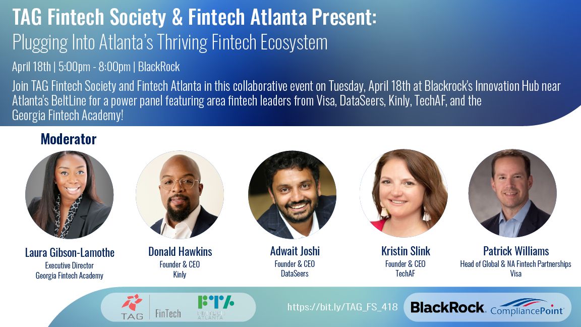 Join us 4/18 for an evening of networking and discussion at <a href="/BlackRock/">BlackRock</a>'s Innovation Hub.

@AAJoshi &amp; other local fintech experts will discuss how new fintechs can engage with flagship players to spur growth and leverage the resources that set the <a href="/CityofAtlanta/">City of Atlanta, GA</a> ecosystem apart.