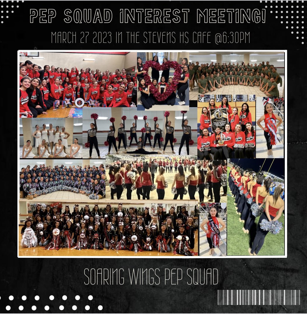 StevensPepSquad's tweet photo. Interested in becoming a part of the Soaring Wings Pep Squad?! Come get all the information you need to join on March 27th in the Stevens HS Cafe 6:30pm. *Parent/Guardian is required to attend with student.* ♥️🖤🤍 #SoaringWingsPepSquad @NISDVale @NISDValeDance  @NISDPease https://t.co/8CJRzl9Meh