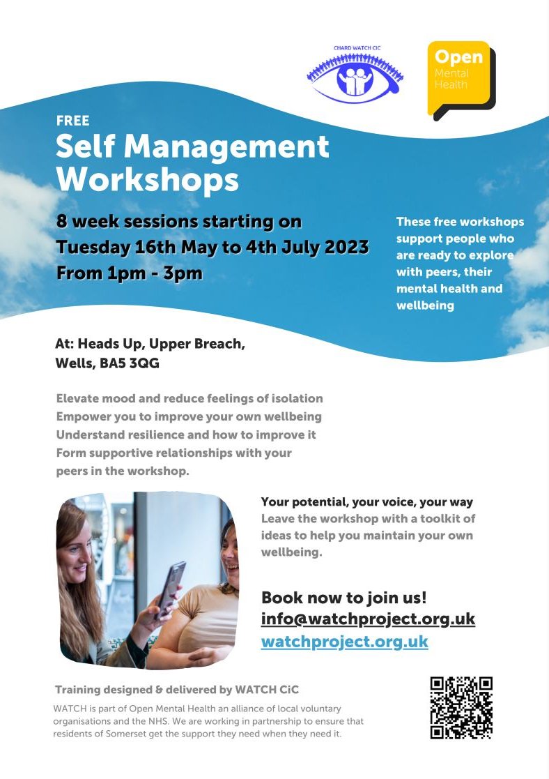 TheWATCHProject's tweet image. Our free Self Management workshop is starting in Wells on the 16th of May. Book your place now.
