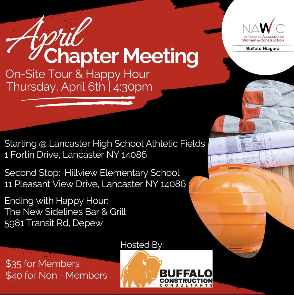 BfloConstruct's tweet photo. Join the herd and our friends from #NAWICBuffaloNiagara for their April Chapter Meeting on 4/6 at 4:30 PM! We’ll be touring two of our job sites in the Lancaster CSD and then following with a happy hour at the new Sidelines Sports Bar + Grill! Register: https://t.co/Hy8FiRyCcA https://t.co/xgIZes0ZKH