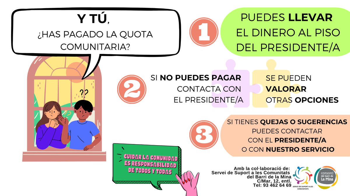Hola vecinos/as! 😃Hay muchas formas de aportar a la comunidad. Una de ellas es pagando la cuota comunitaria cada mes. Descubre como en el siguiente post 👇

<a href="/incoopserveis/">Cooperativa Incoop</a>  <a href="/ConsorciMina/">Consorci del barri de la Mina</a>