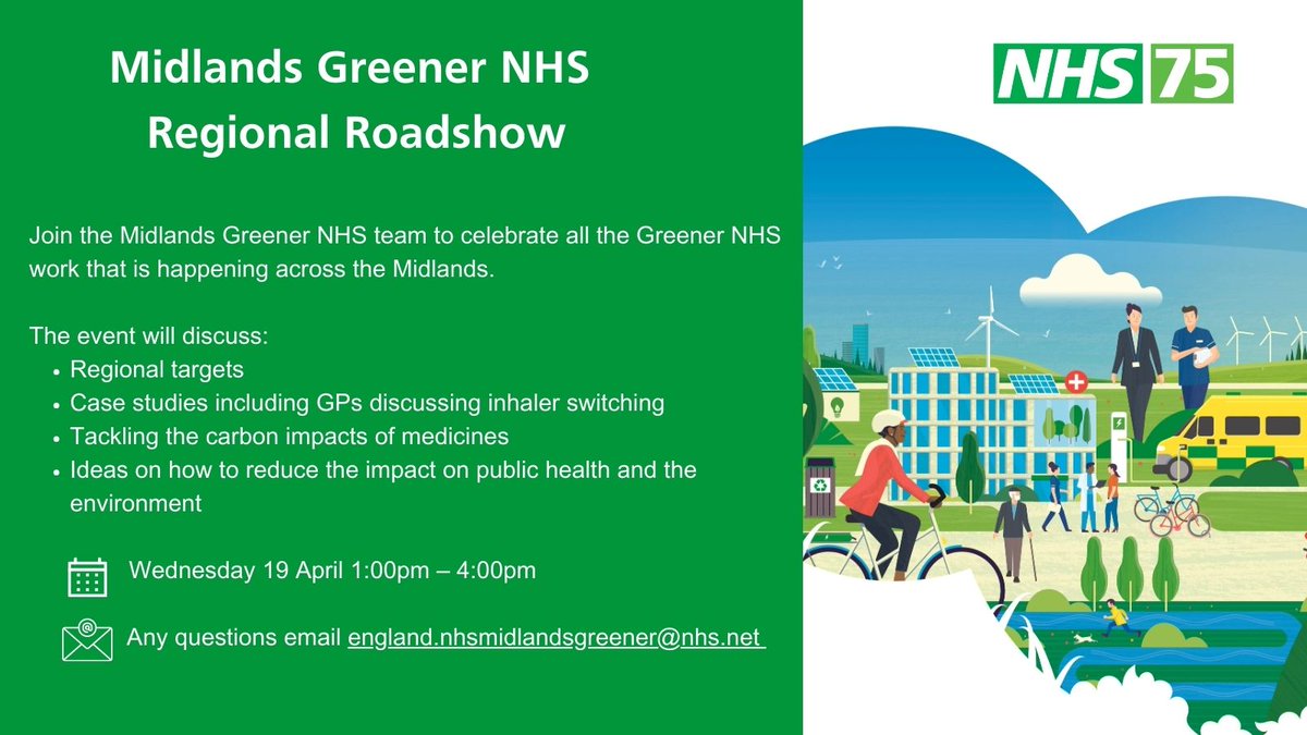Join the Midlands Greener NHS team on 19 April 1:00pm – 4:00pm, to celebrate all the Greener NHS work that is happening across the Midlands. Register your details to the Regional Roadshow event below 👇 ow.ly/frum50Nr5B1