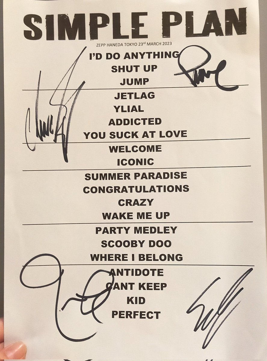 SimplePlan_JP's tweet photo. 本日の単独公演セットリストです！
明日はPUNKSPRING 東京！！

※こちらは後ほどプレゼントキャンペーンします！

#ZeppHaneda 
@simpleplan
#simpleplan #punkspring https://t.co/u4u0Y9lYm5