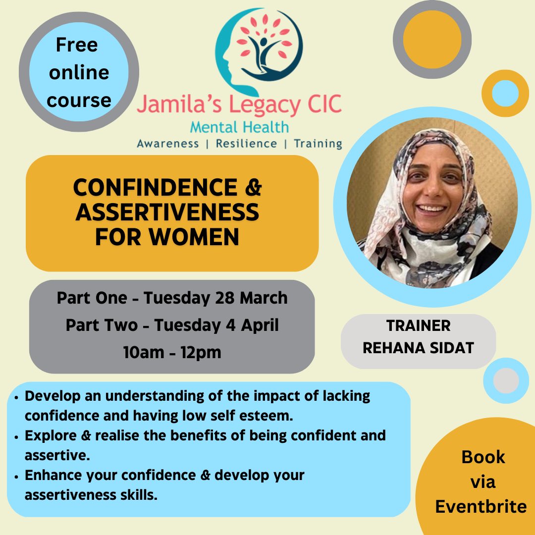 Next week is the start of our free two part online course ‘Confidence &amp; Assertiveness for Women’ delivered by our CEO <a href="/ray_4_peace/">Rehana Sidat</a> followed by a #gardening session with <a href="/gardeninggurpr1/">gardening gurpreet</a> <a href="/TCVleicester/">@TCVleicester</a> 
eventbrite.co.uk/e/confidence-a…
#jamilaslegacy #mentalhealth #confidence #assertiveness