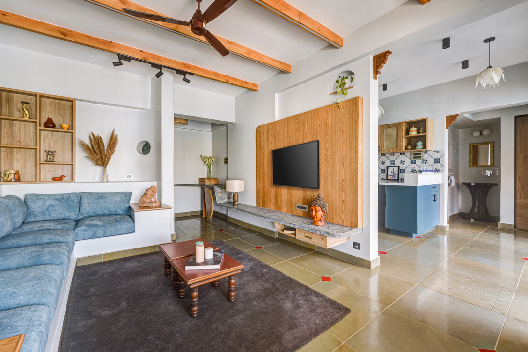 prashantkulsh's tweet photo. The eclectic interior design of this living room is a true masterpiece. The wooden wall TV paneling panel adds a touch of warmth and coziness to the space, while the Shahbad stone flooring with red highlighters creates a stunning contrast that is both bold and elegant. The Solid https://t.co/Oo2dagf7tE