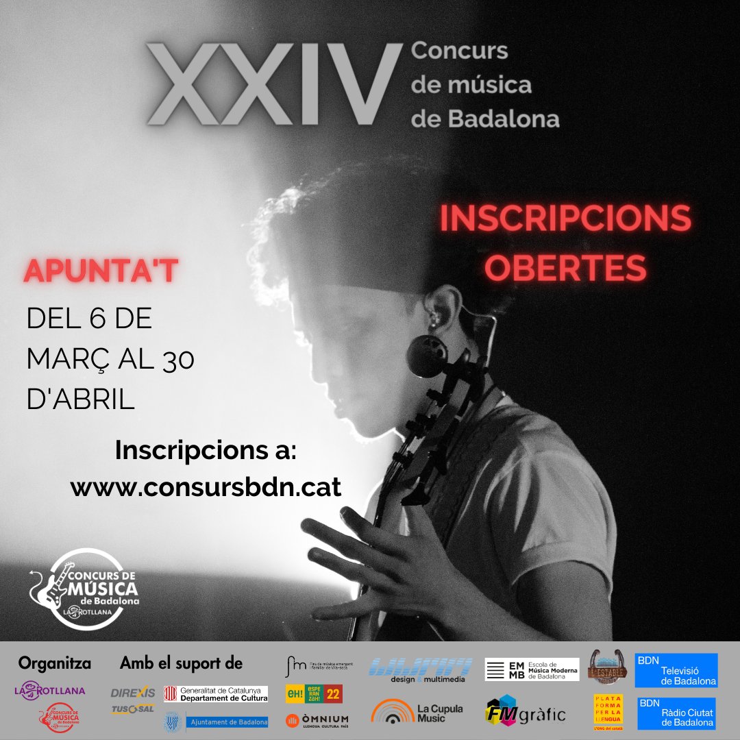 Plataforma per la Llengua - Catalunya (@pllcatalunya) on Twitter photo 🎸 Dins les actuacions que duem a terme en el Pla d'Actuació Lingüística Integral de l'Eix Besòs, <a href="/llenguacat/">Plataforma per la Llengua 📢</a> col·laborem en una nova edició del <a href="/concursmusicabd/">concursmusicabdn</a>.
Inscripcions a 👉 concursbdn.cat 🎸 Dins les actuacions que duem a terme en el Pla d'Actuació Lingüística Integral de l'Eix Besòs, <a href="/llenguacat/">Plataforma per la Llengua 📢</a> col·laborem en una nova edició del <a href="/concursmusicabd/">concursmusicabdn</a>.
Inscripcions a 👉 concursbdn.cat